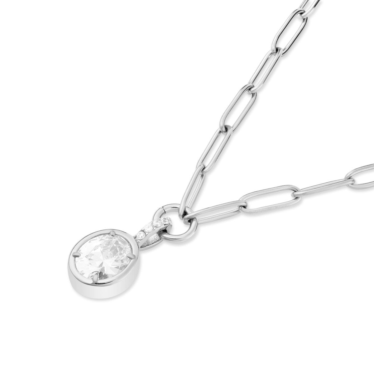 Over & Over Silver Stainless Steel Oval Bezel Chain Necklace
