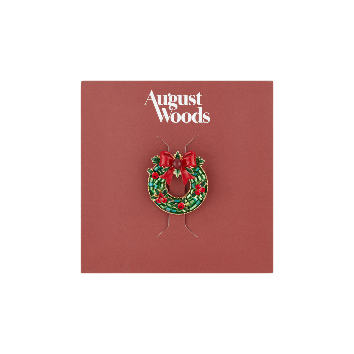 August Woods Gold Christmas Wreath Brooch on Card