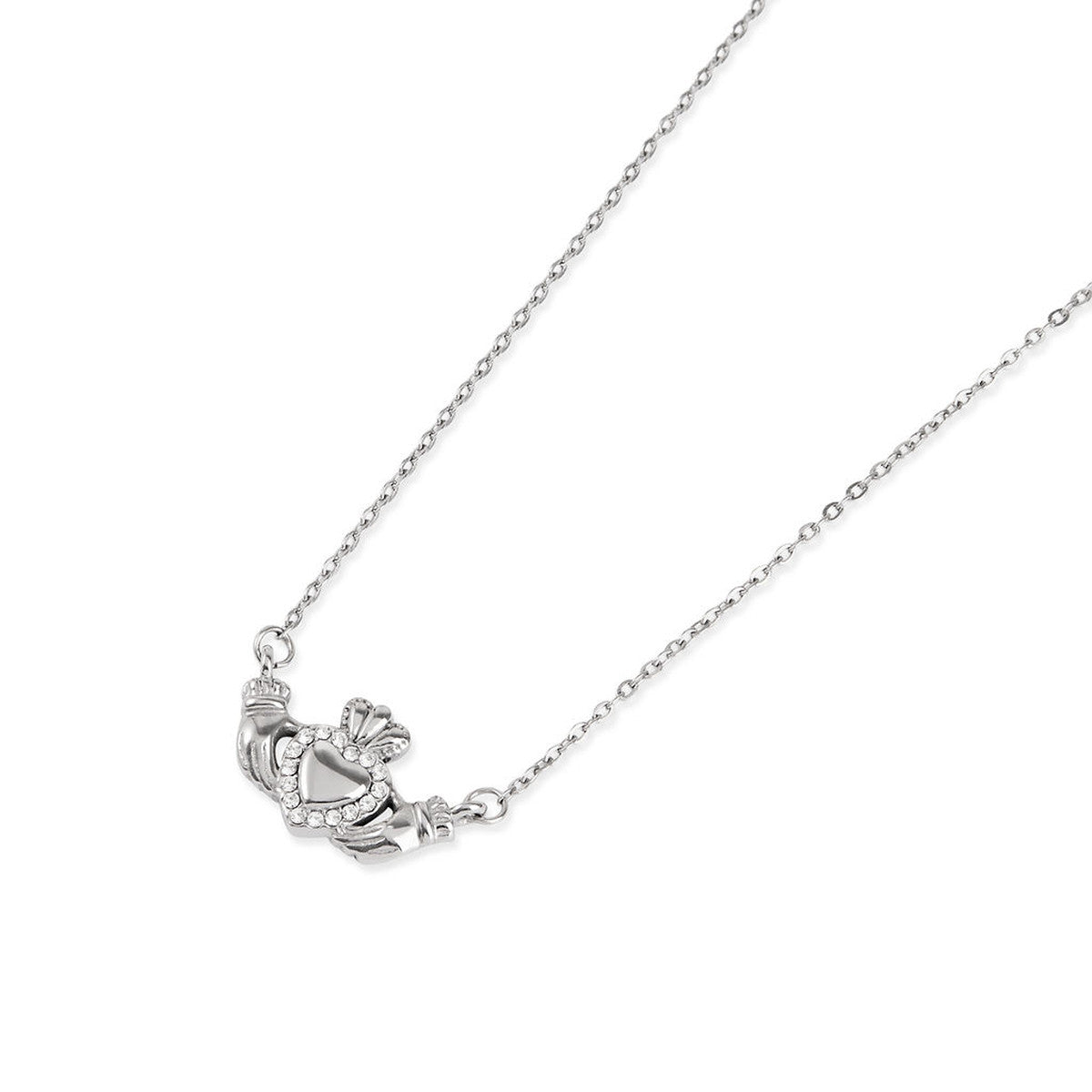 Over & Over Silver Stainless Steel CZ Heart Claddagh Necklace