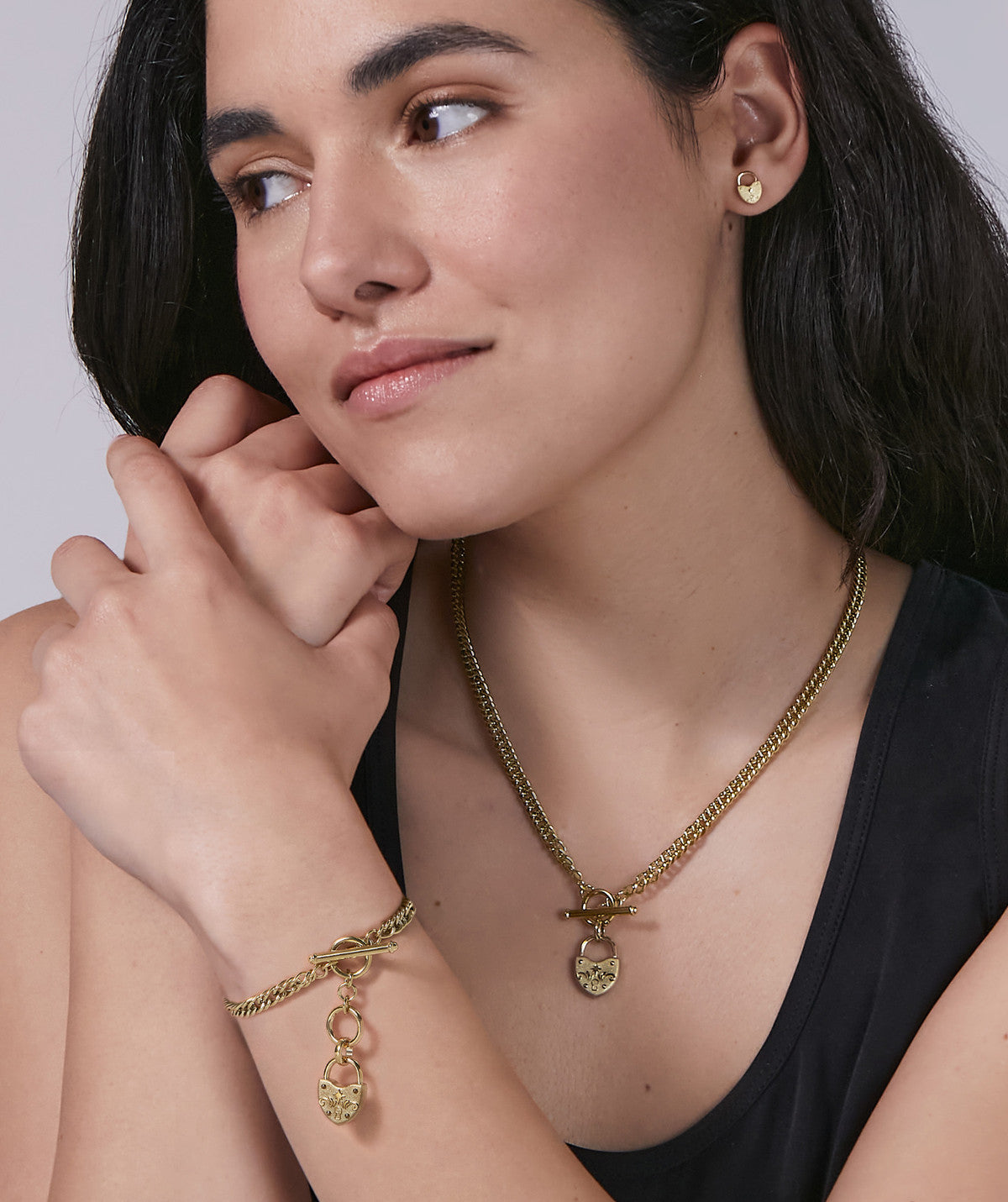 Olivia Burton Gold T-Bar Lock Heart Bracelet