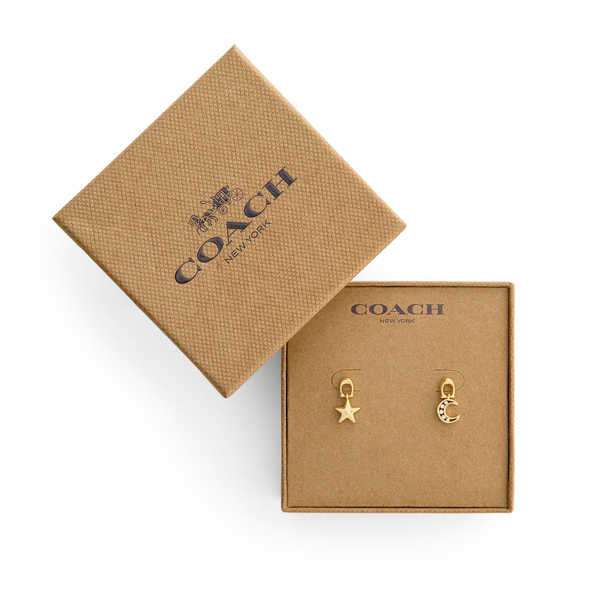 Coach Gold Boxed Star Moon Drop Earrings