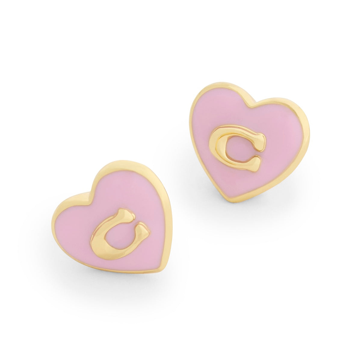 Coach Gold Boxed C Heart Light Pink Enamel Stud Earrings