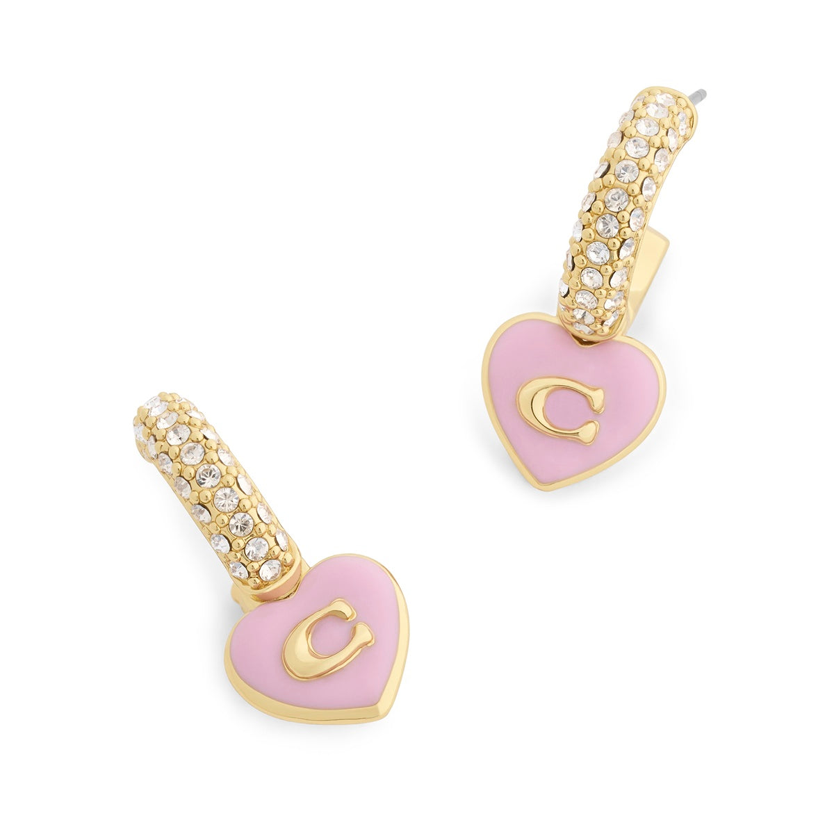 Coach Gold Boxed C Heart Light Pink Enamel Huggie Earrings