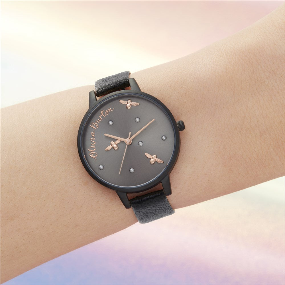Olivia Burton Pearly Queen Matte Black & Rose Gold Watch