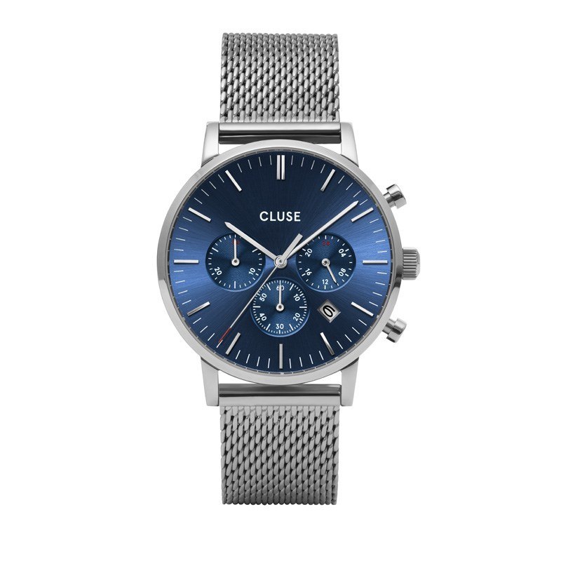 CLUSE Aravis Chrono Silver + Blue Mesh Mens Watch