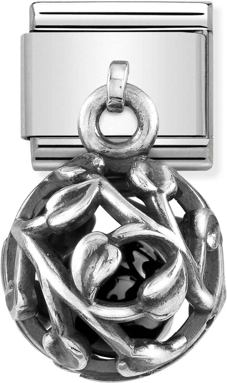 Nomination Silver Leaves + Black Agate Hanging Cage Charm