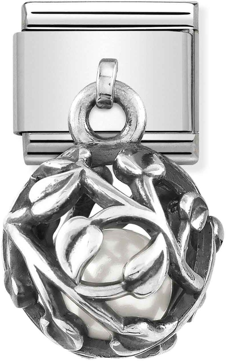 Nomination Silver Leaves + White Pearl Hanging Cage Charm