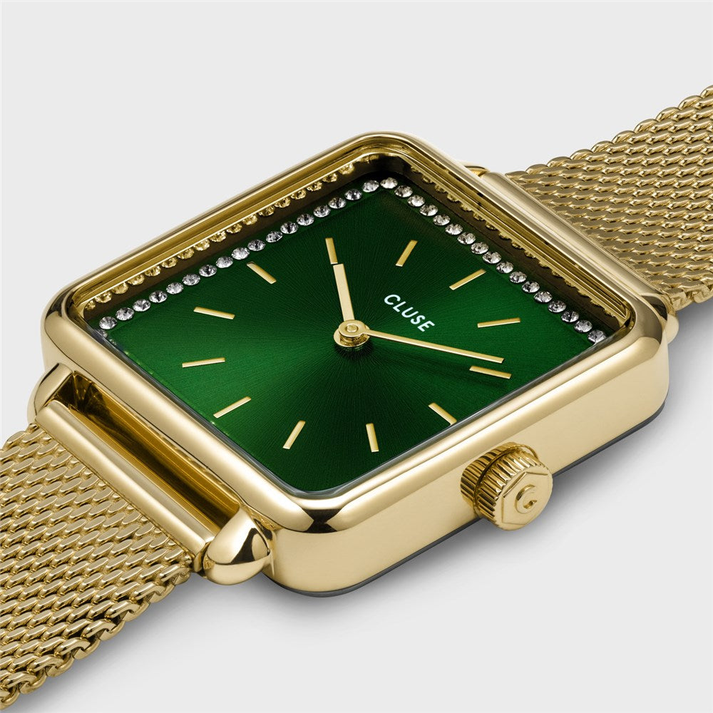 CLUSE La Tétragone Gold Mesh Watch & Malachite Bracelet Set