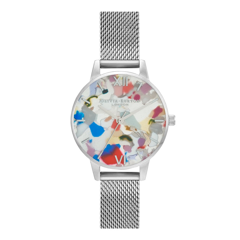 Olivia Burton Pop Art Electric Blue + Silver Mesh Strap Watch Set
