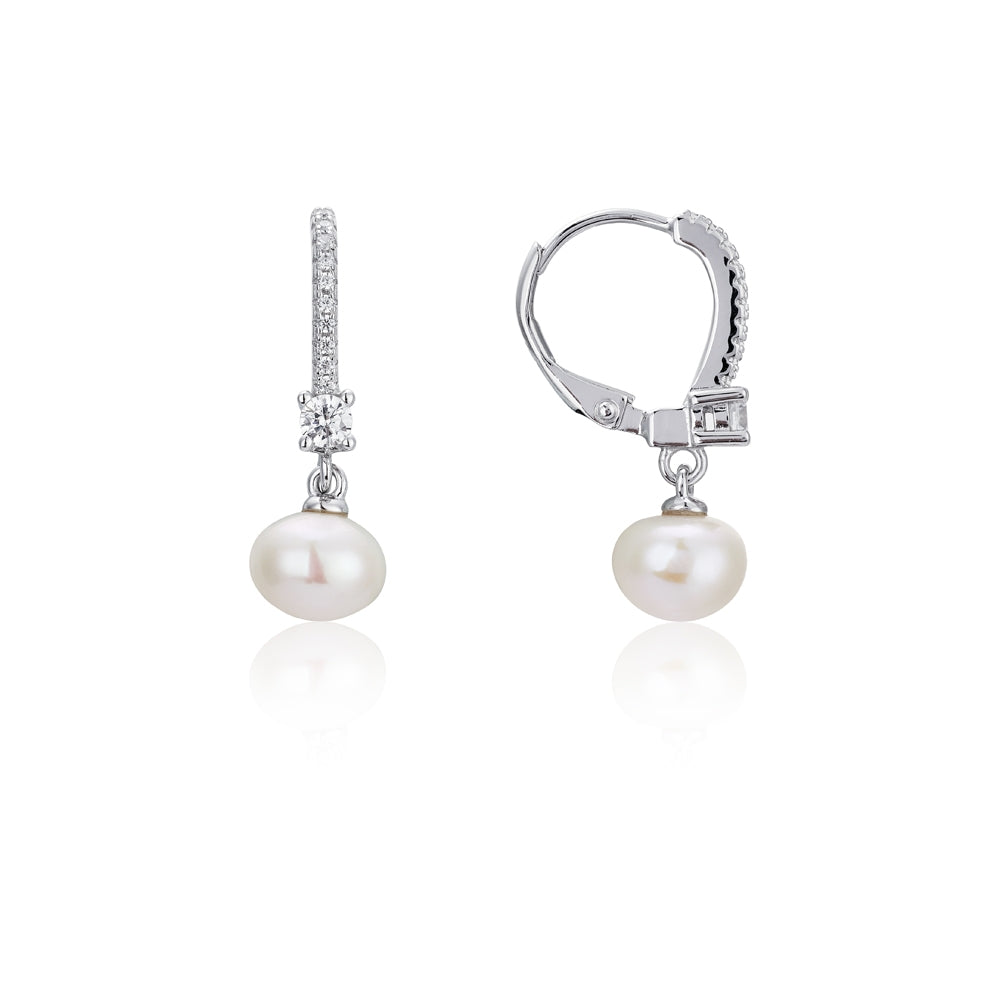 Argento Silver Crystal Huggie Hoop Pearl Earrings