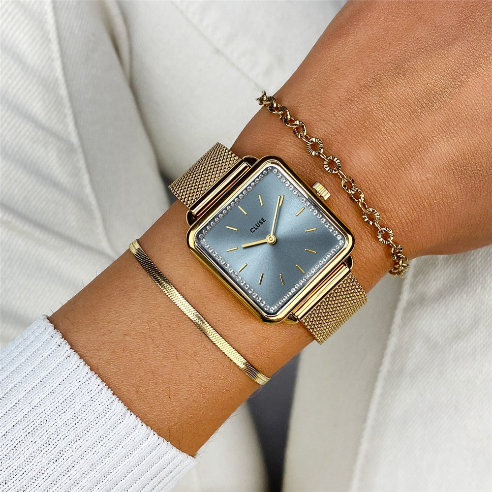 CLUSE La Tetragone Light Blue Crystal Gold Watch