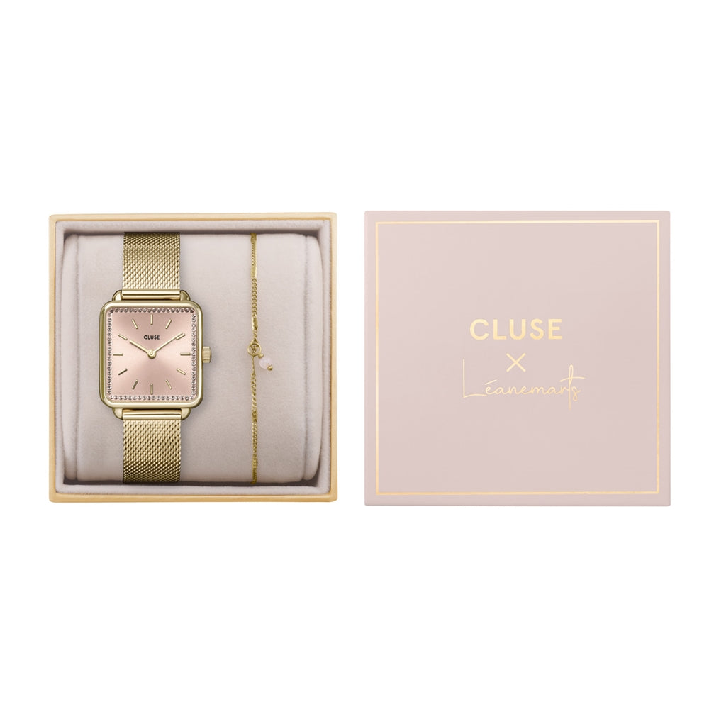 CLUSE Gold Colour Giftbox La Tétragone Mesh Watch and Rose Bracelet