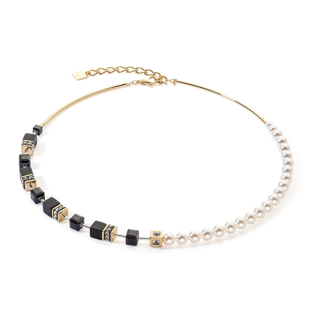 Coeur De Lion Gold Pearl and Onyx GeoCube Necklace