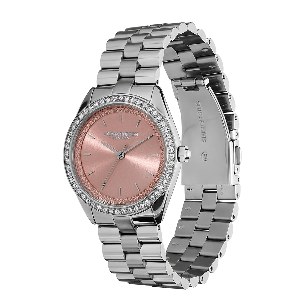 Olivia Burton Bejewelled Pink Stainless Steel Bracelet Watch