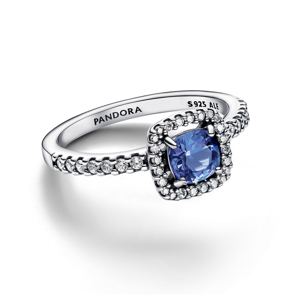 Pandora Silver Sparkling Square Blue Halo Ring