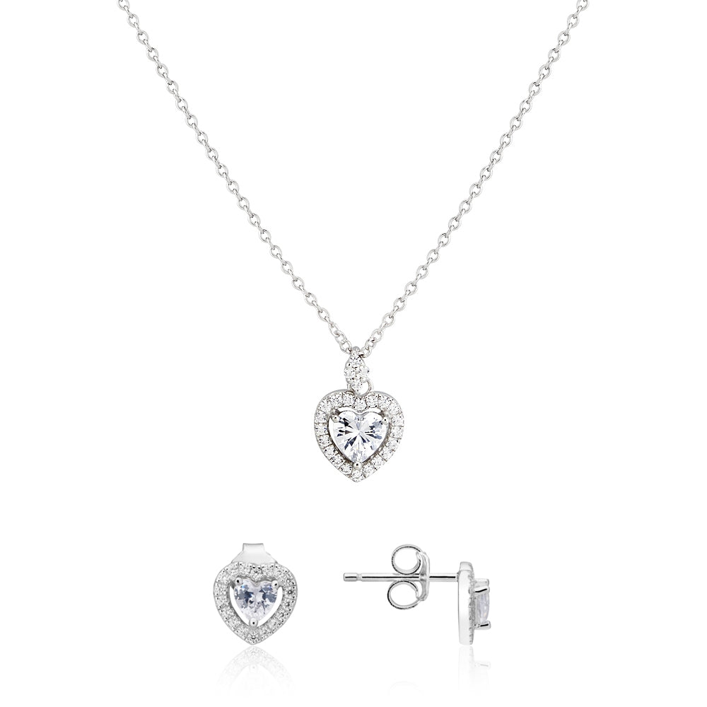 Silver Crystal Heart Solitaire Set
