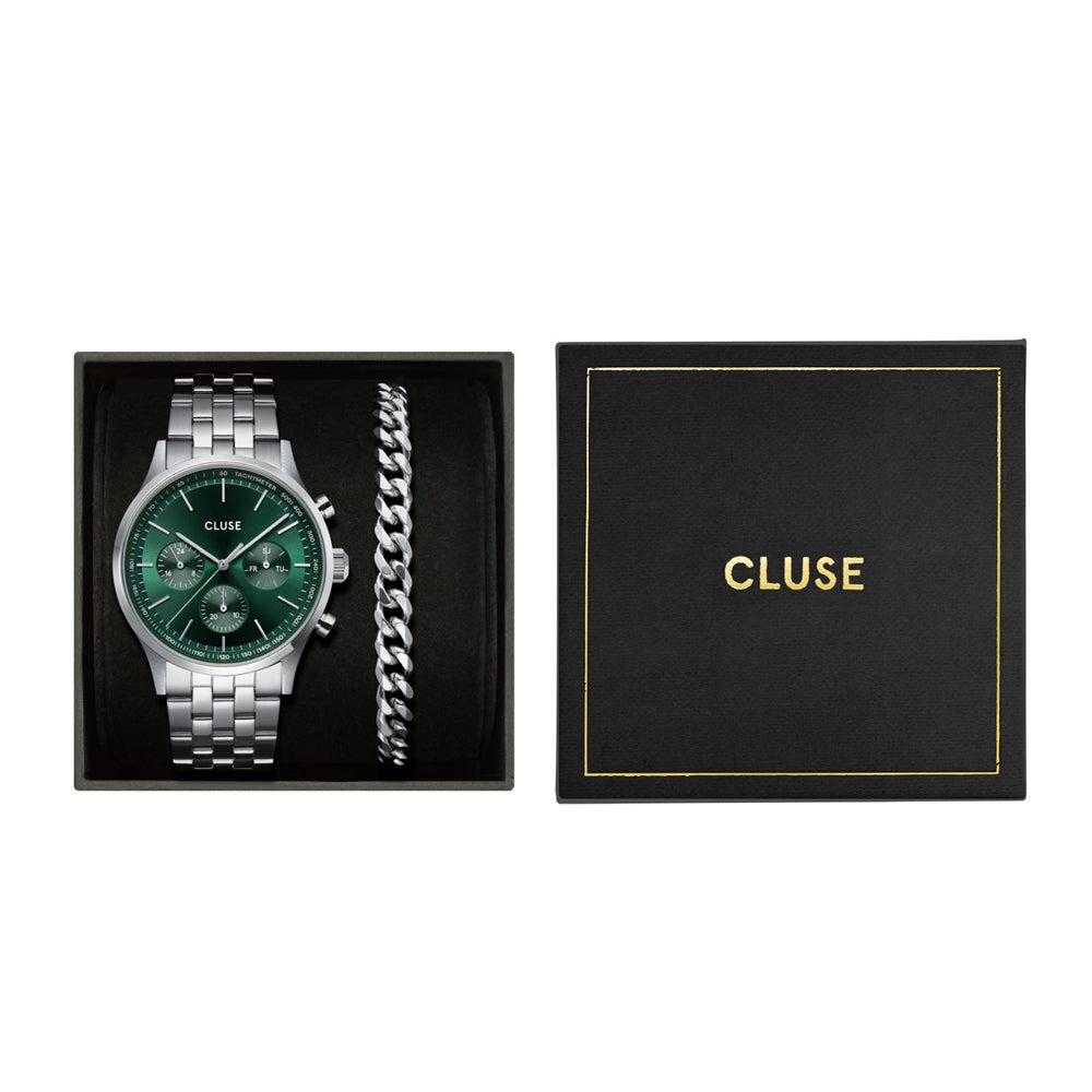 CLUSE Silver Antheor Green Watch and Bracelet Giftbox