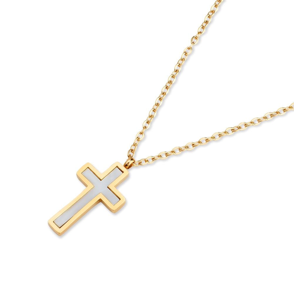 Over & Over Gold 14k Stainless Steel Mother of Pearl Cross Necklace