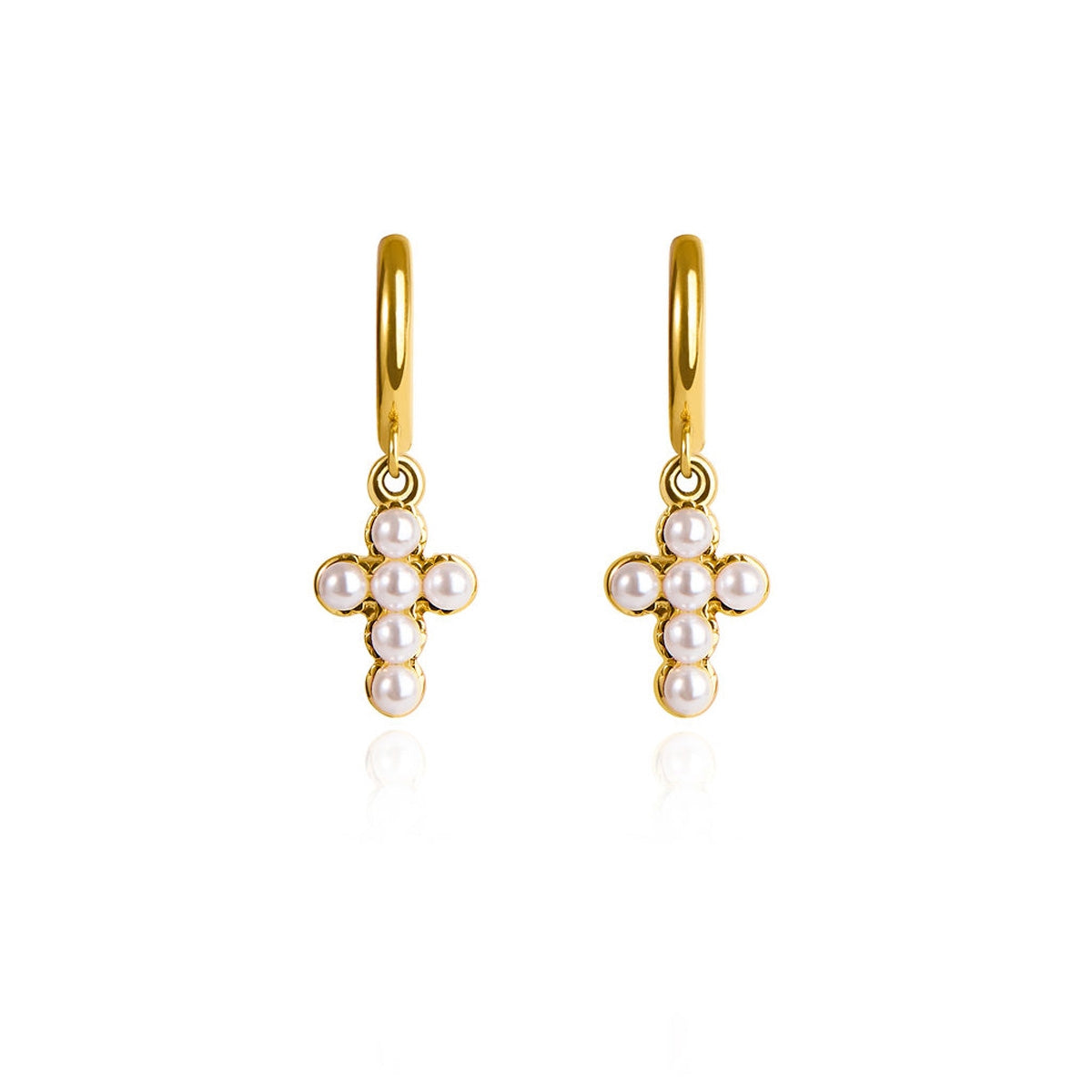 Over & Over Gold Stainless Steel Cross Pearl Hoop Earrings
