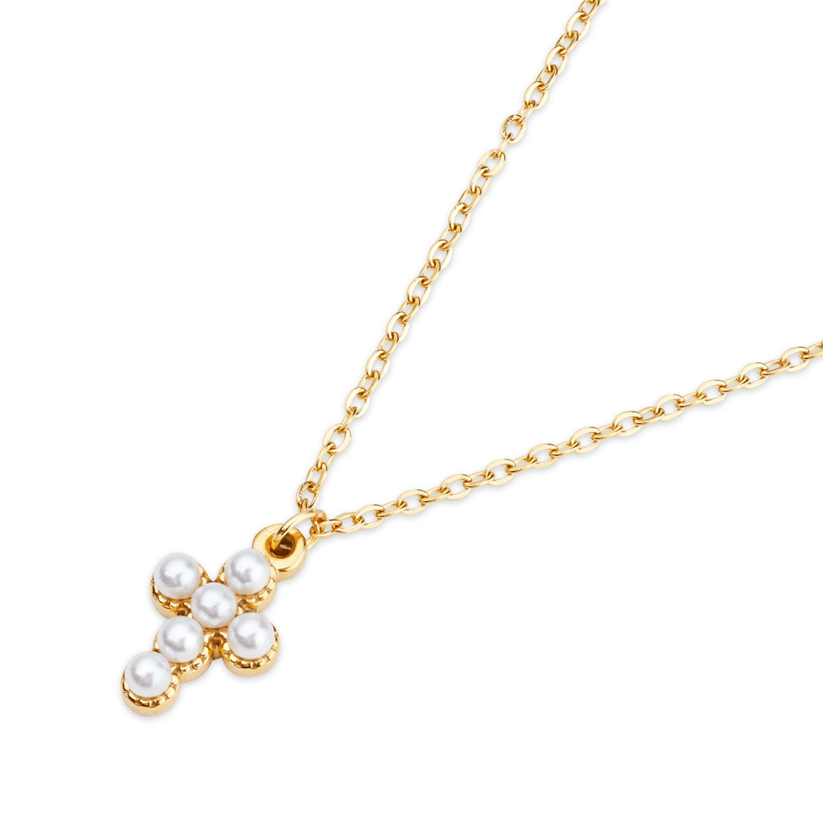 Over & Over Gold Pearl Cross Necklace