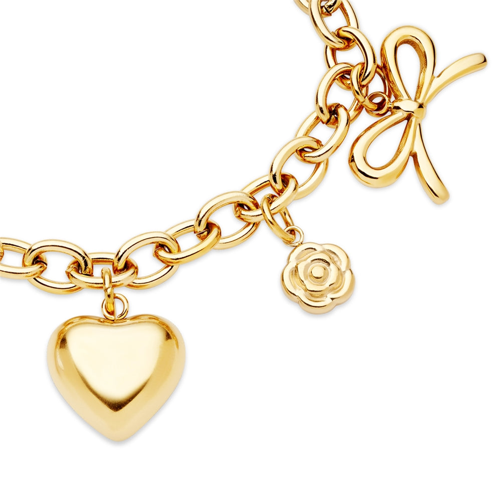 Over & Over Gold 14k Stainless Steel Puffy Heart Charm Bracelet