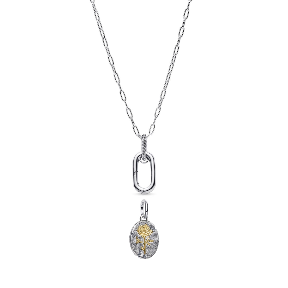 Pandora Silver Rose Medallion Openable Link Necklace Set