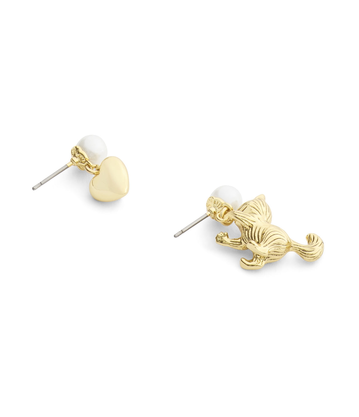 Coach Gold Cat Pearl Heart Asymmetrical Drop Earrings