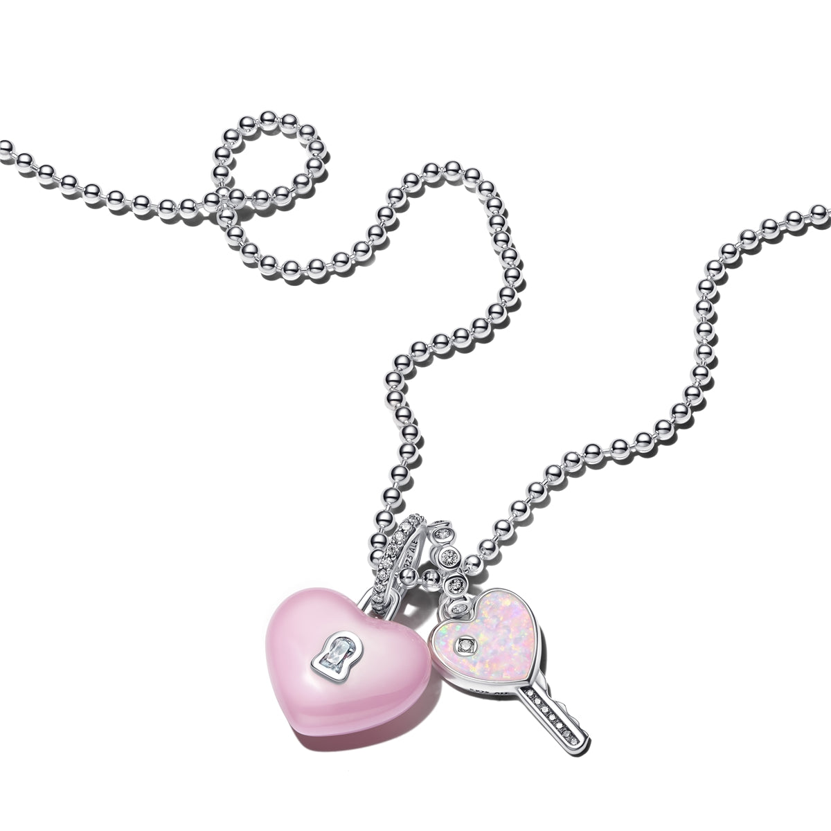 Silver Heart Key & Padlock Necklace Set