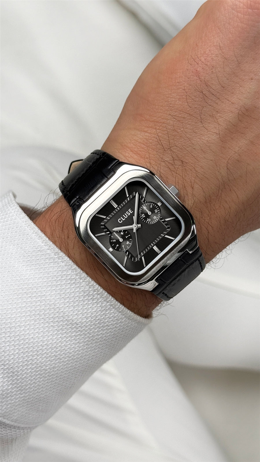 CLUSE Silver Quadrus MultiFunction Black Leather Watch