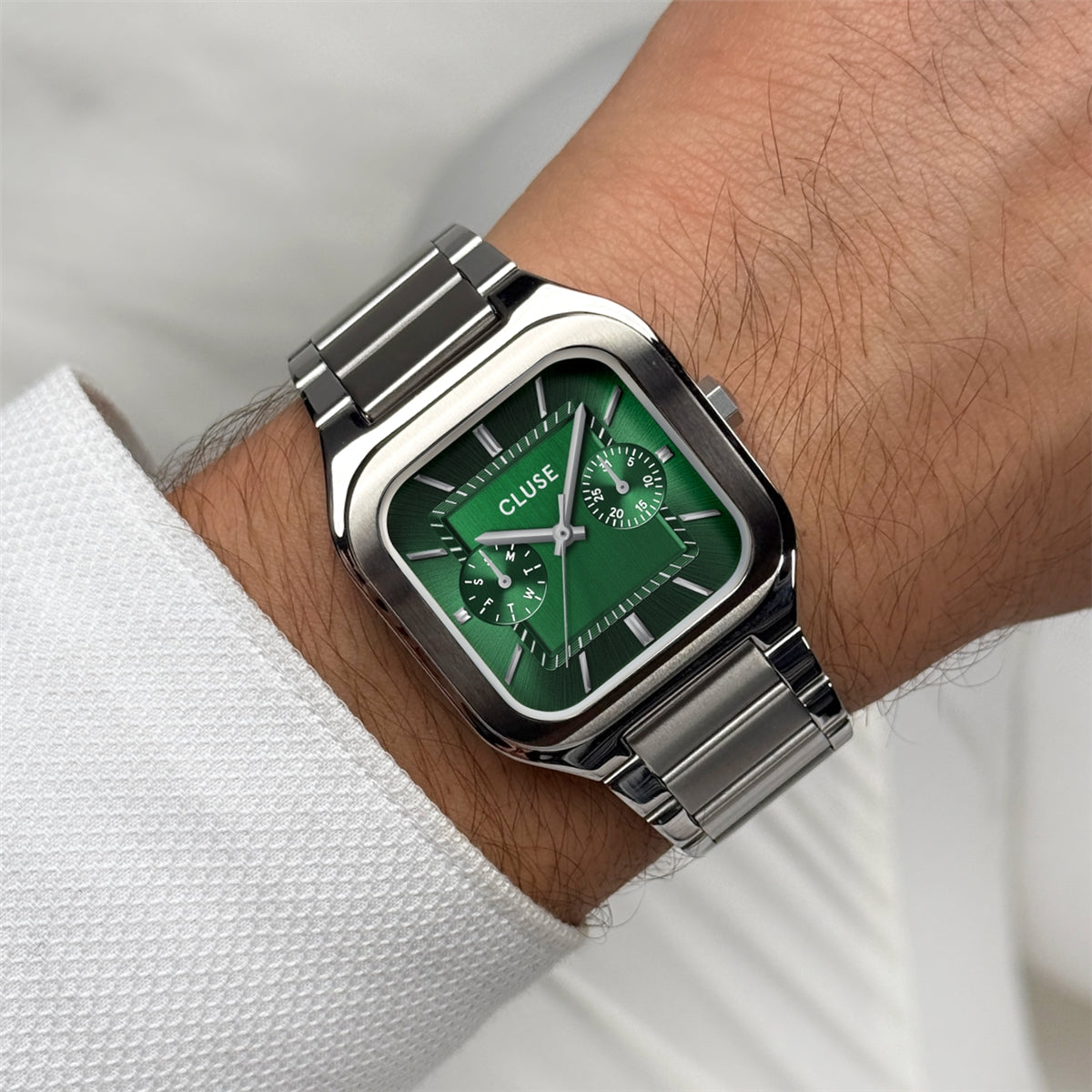 CLUSE Silver Quadrus Multifunction Green Watch