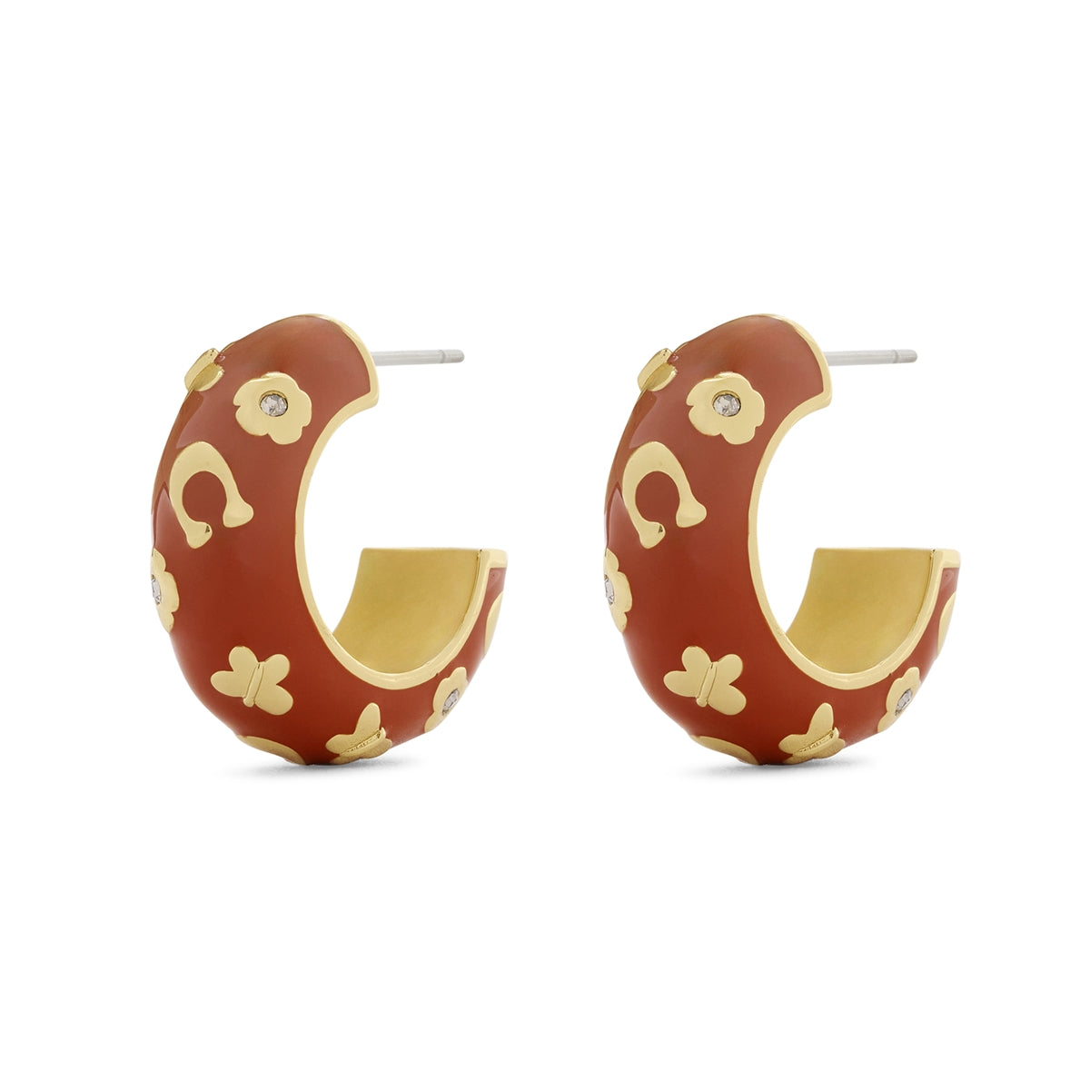 Coach Gold Brown Enamel Floral Chubby Hoops