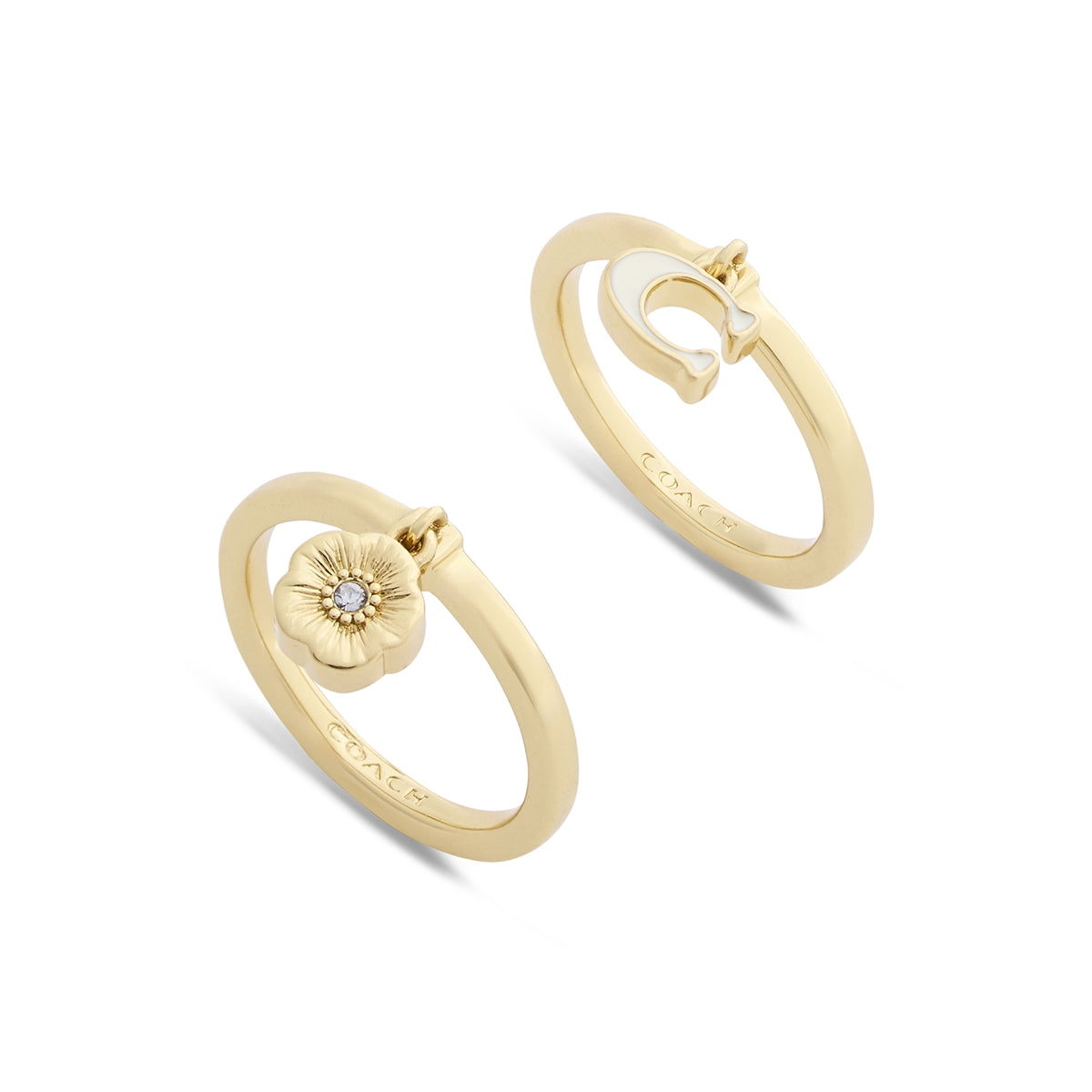 Coach Gold C Logo White Enamel Tea Rose Charm 2 Ring Set