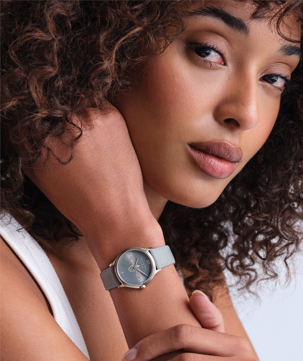 Olivia Burton Silver Classic Bee Chalk Blue Leather Bracelet Watch
