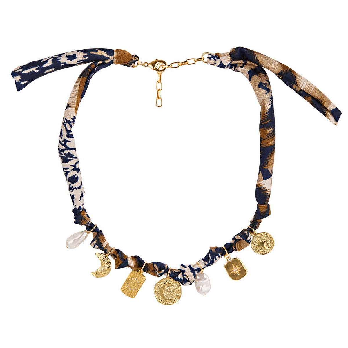 August Woods Gold Blue Print Scarf Charm Necklace