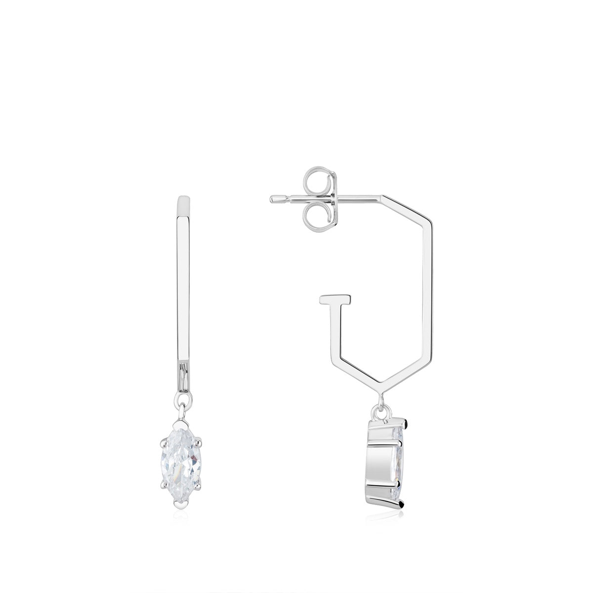 Argento Silver Marquise Drop Hexagonal Hoops