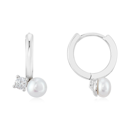 Argento Silver Pearl CZ Hoop Earrings