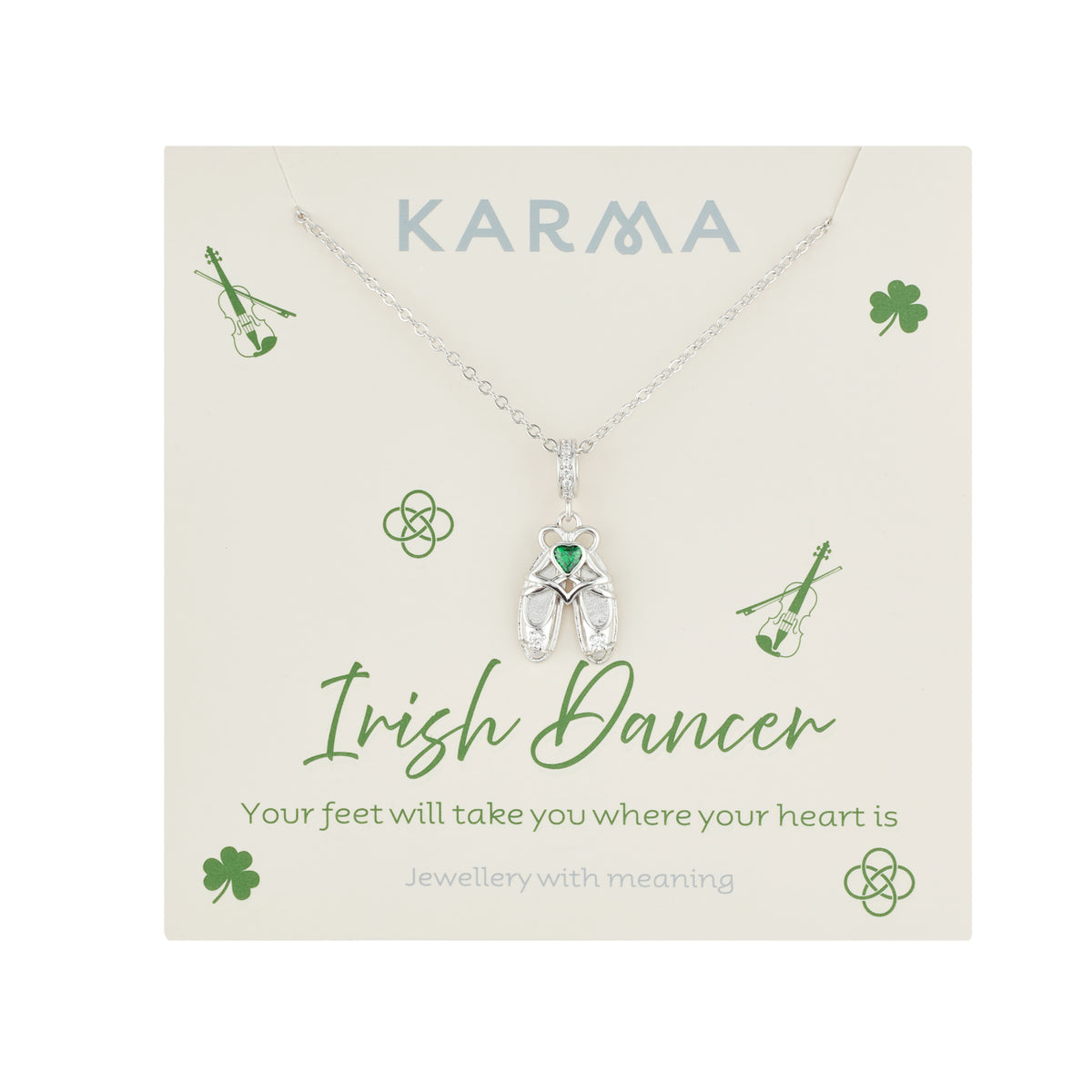 Karma Silver Irish Dancer Green Heart Necklace
