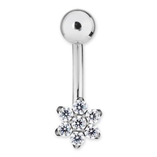 Over & Over Silver Titanium CZ Flower Belly Bar