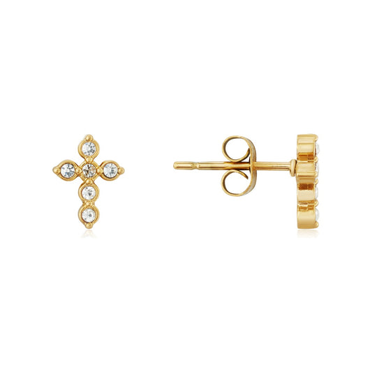 Over & Over Gold Stainless Steel CZ Cross Stud Earrings