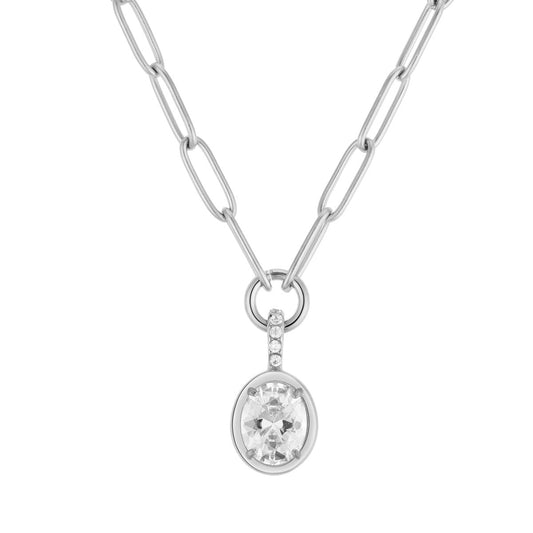 Over & Over Silver Stainless Steel Oval Bezel Chain Necklace