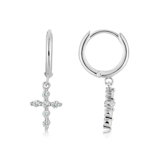 Argento Silver Petite CZ  Cross Hoop Earrings