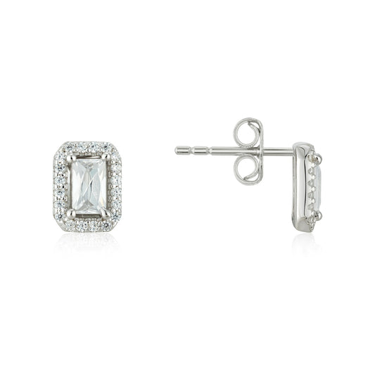 Argento Silver Rectangle Halo CZ Stud Earrings