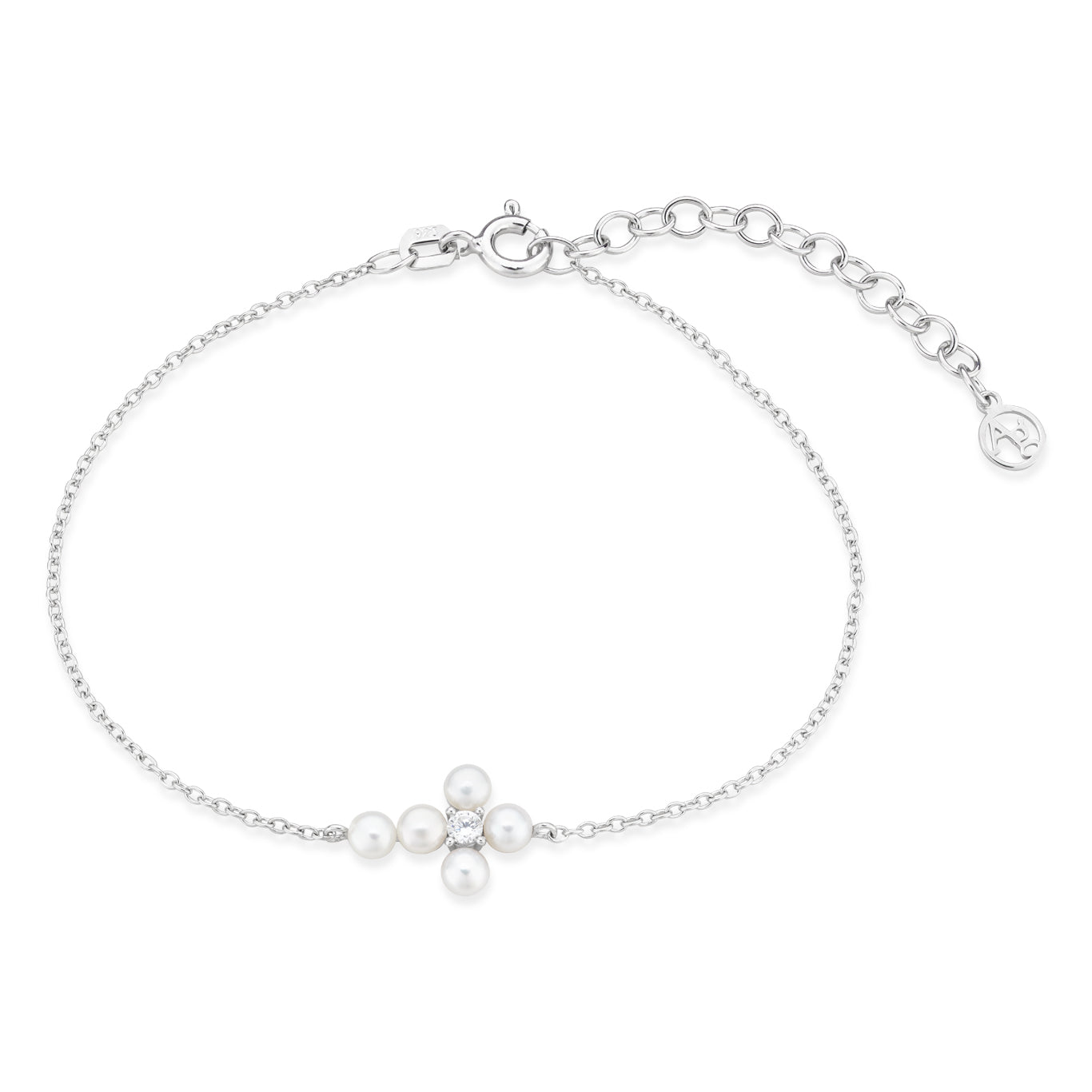 Argento Silver Button Pearl Cross CZ Bracelet