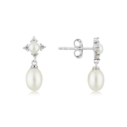 Argento Silver Floral Freshwater Drop Pearl Earrings