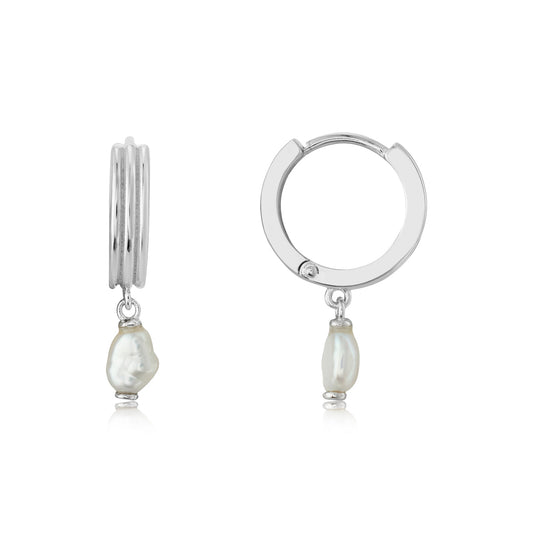 Argento Silver Freshwater Baroque Pearl Ribbed Hoops