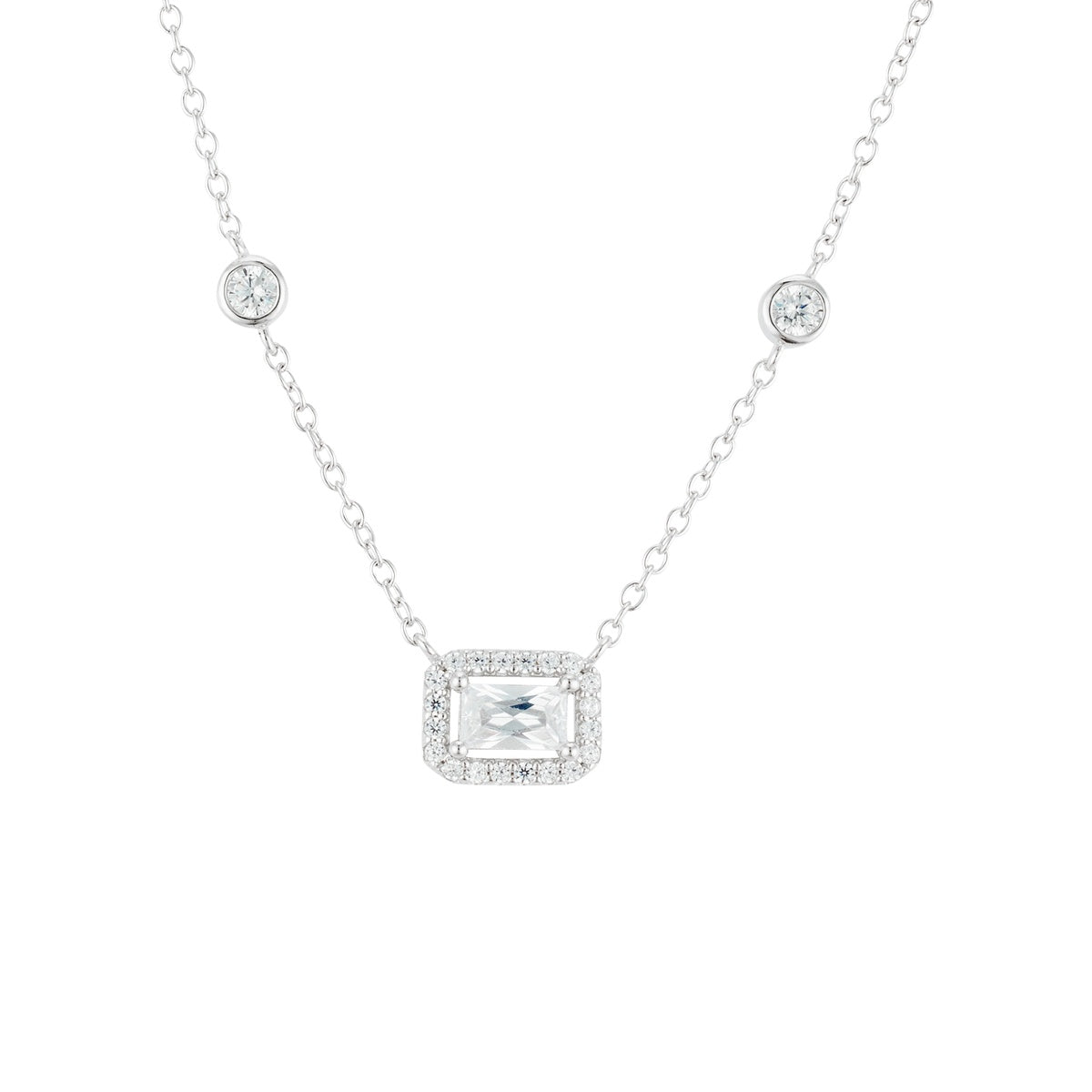 Argento Silver Rectangle Halo CZ Bezel Necklace