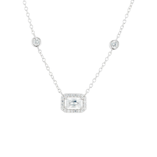 Argento Silver Rectangle Halo CZ Bezel Necklace