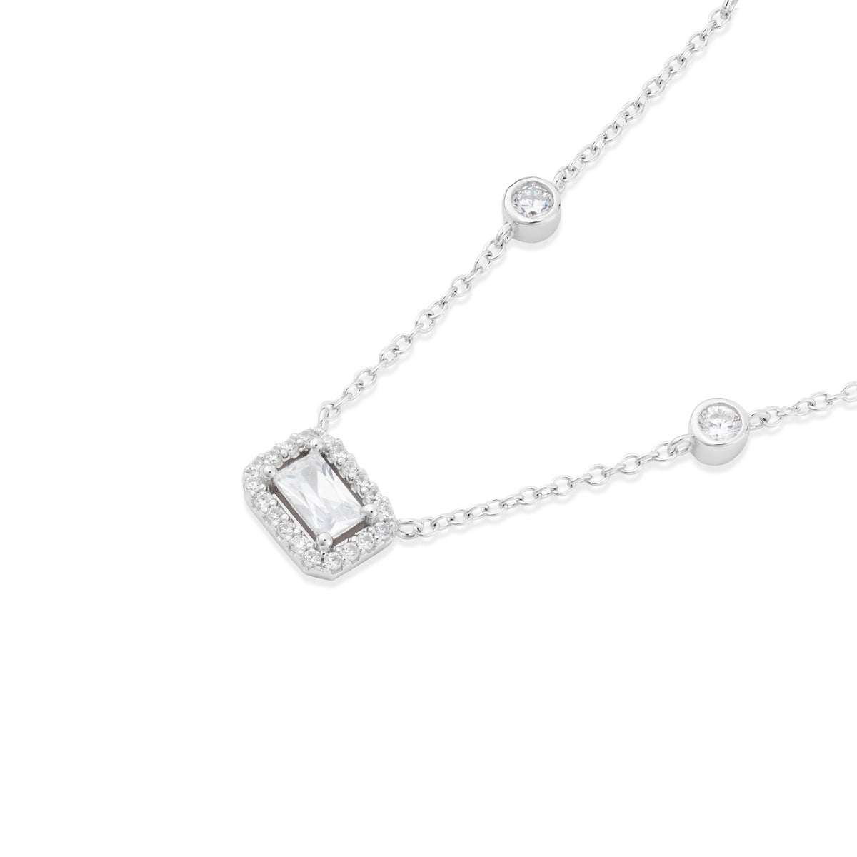 Argento Silver Rectangle Halo CZ Bezel Necklace