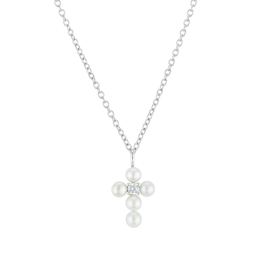 Argento Silver Button Freshwater Pearl Cross Necklace