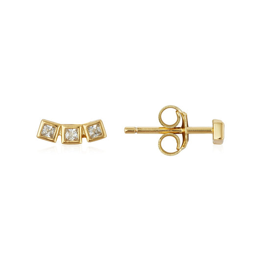 Argento Gold 3 Square CZ Curve Stud Earrings